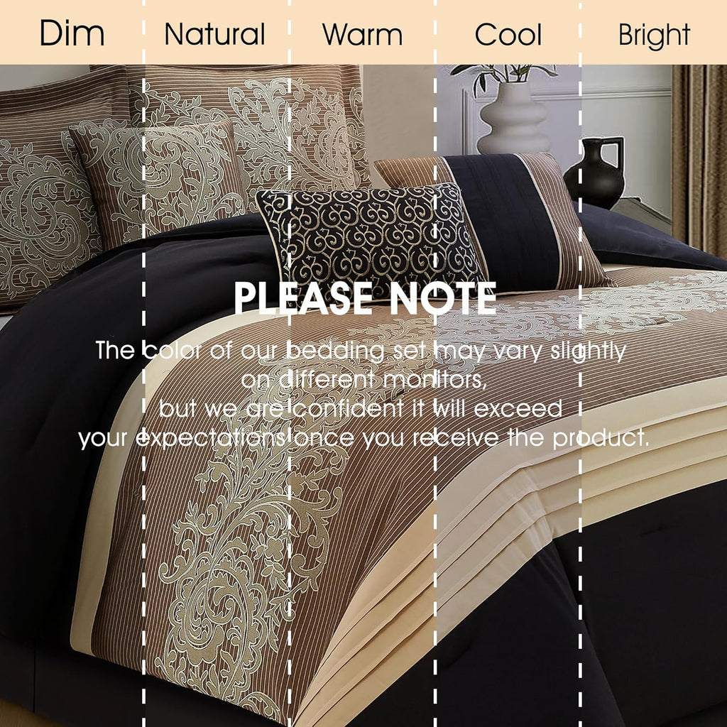 LANCO MODERN LIFESTYLE Black Gold Comforter Set, Queen, Damask Jacquard with Matching Solid Piece Work, 7 Piece Soft Bedding Set for All Season, Bed Skirt, Pillow Shams and Decorative Pillows