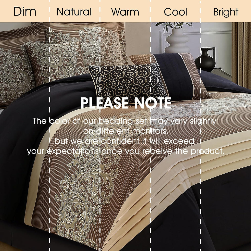 LANCO MODERN LIFESTYLE Black Gold Comforter Set, King, Damask Jacquard with Matching Solid Piece Work, 7 Piece Soft Bedding Set for All Season, Bed Skirt, Pillow Shams and Decorative Pillows