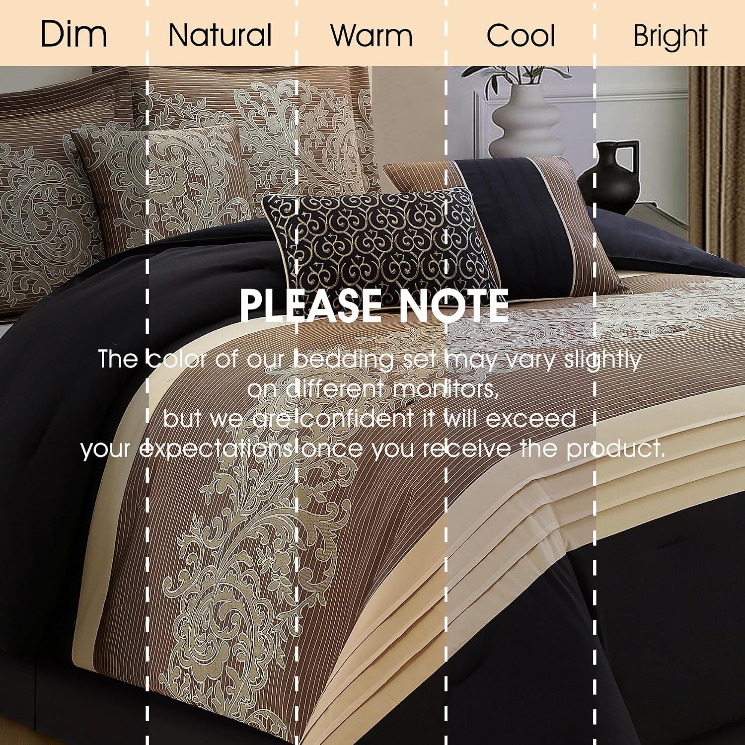 LANCO MODERN LIFESTYLE Black Gold Comforter Set, King, Damask Jacquard with Matching Solid Piece Work, 7 Piece Soft Bedding Set for All Season, Bed Skirt, Pillow Shams and Decorative Pillows