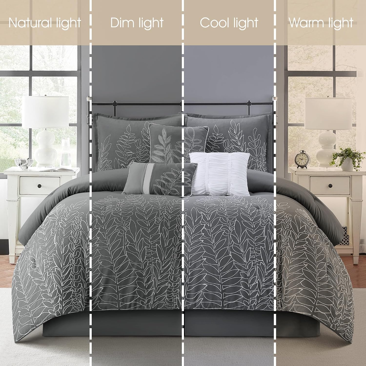 Stratford Park Grey Leaves Cal King Comforter Set, 7 Piece, Home Decor, Premium Lightweight Microfiber, Home Decor, All Season