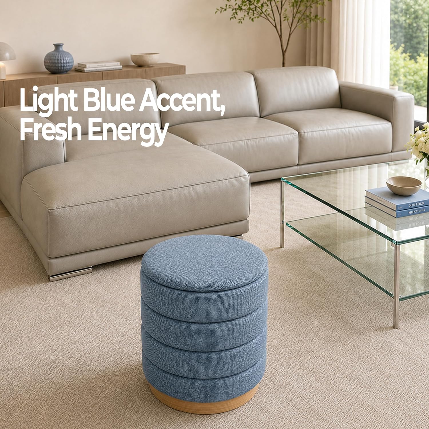 Ottoman Collection Stylish Linen Cylinder Storage Light Blue Round Footrest Vanity Stool Furniture Living Room Small Bench 16' L X16 W X 17' H