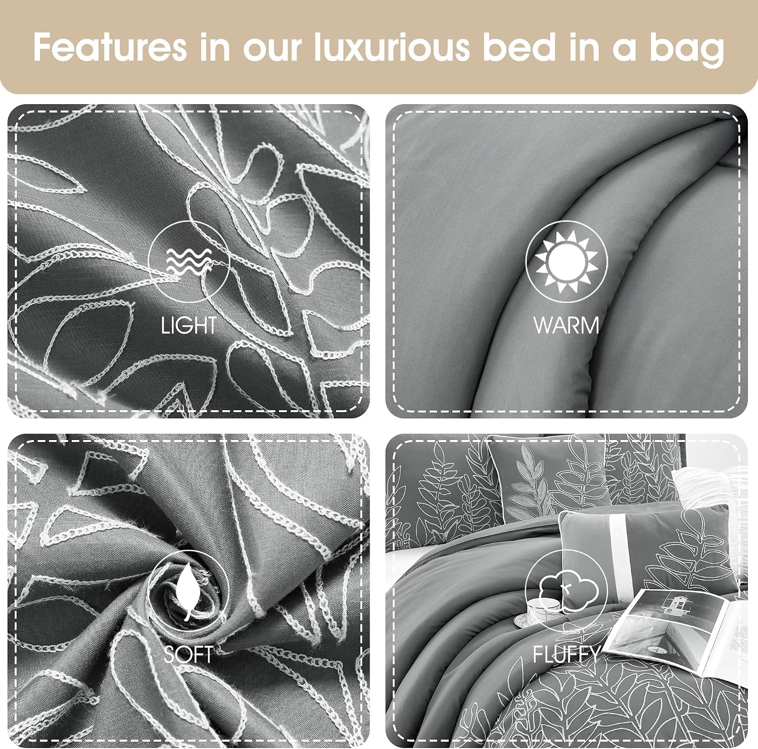 Stratford Park Grey Leaves Cal King Comforter Set, 7 Piece, Home Decor, Premium Lightweight Microfiber, Home Decor, All Season