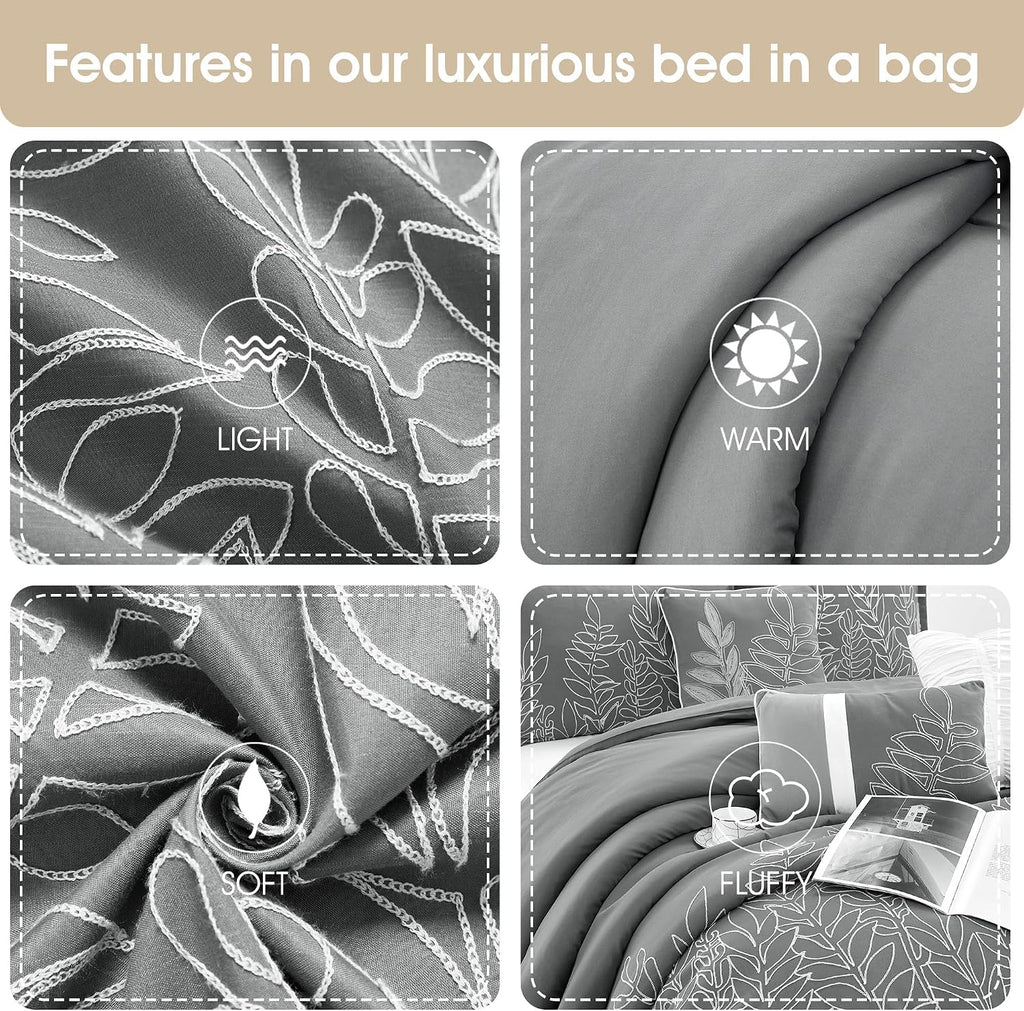 Stratford Park Grey Leaves Queen Size Comforter Sets, 7 Piece, Ultra Soft, Premium Microfiber, Pillow Shams Bedskirt, All Season