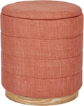 Round Ottoman with Storage – Elegant Durable Linen Upholstered Footrest Bench for Living Room, Cylinder Vanity Stool – Coral Orange