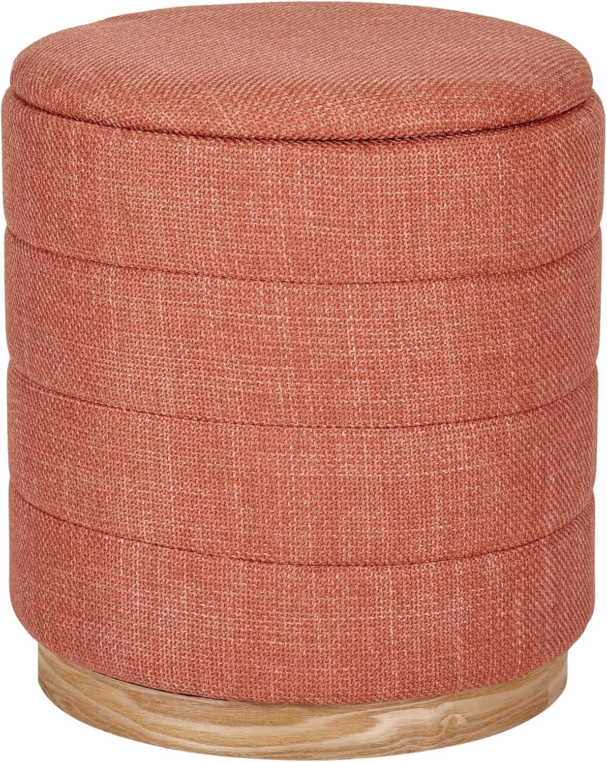 Round Ottoman with Storage – Elegant Durable Linen Upholstered Footrest Bench for Living Room, Cylinder Vanity Stool – Coral Orange