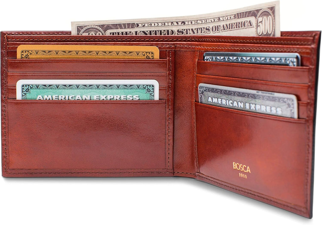Bosca Men's Wallet, Old Leather 8-Pocket RFID Wallet for Men, Cognac