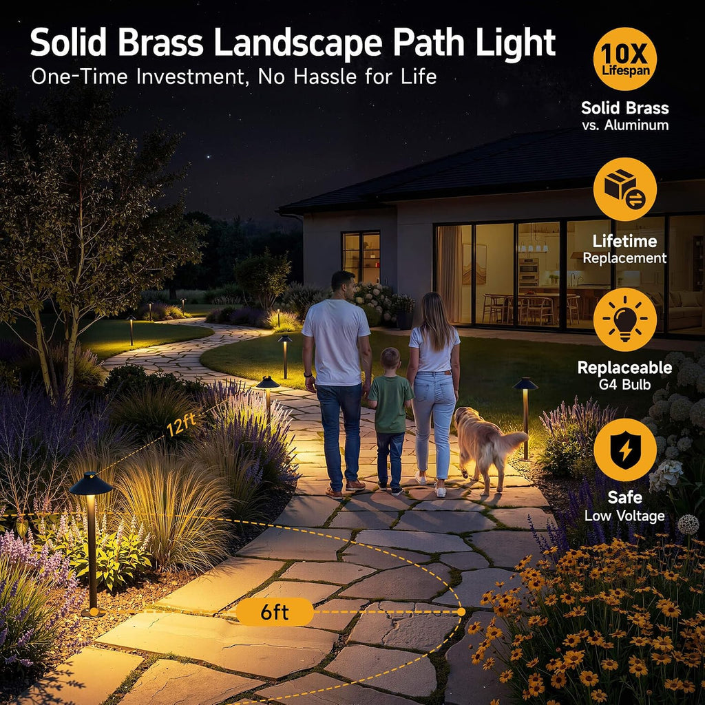 Gardenreet Low Voltage Landscape Lighting Brass - 12v Pathway Lights Waterproof, Hard Wired Path Light Outdoor, Mushroom Bronze for Exterior Area Patio with 3W 4000K Neutral White G4 Bulb (4 Pack)