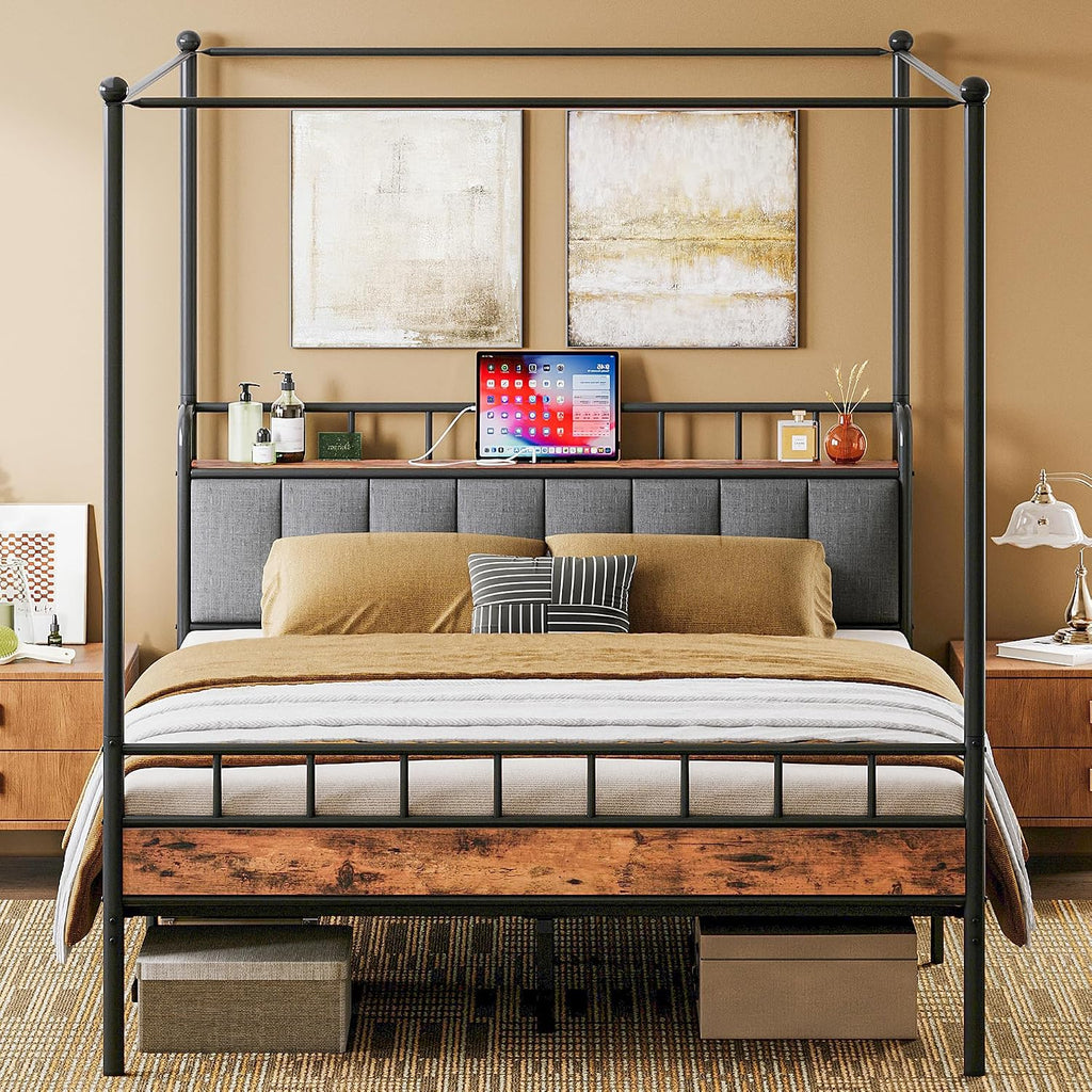LIKIMIO Canopy Bed Frame Full, Storage Headboard with Charging Station, Platform Bed with 4 Removable Sturdy Posts, Noise Free, No Box Spring Needed, Vintage Brown