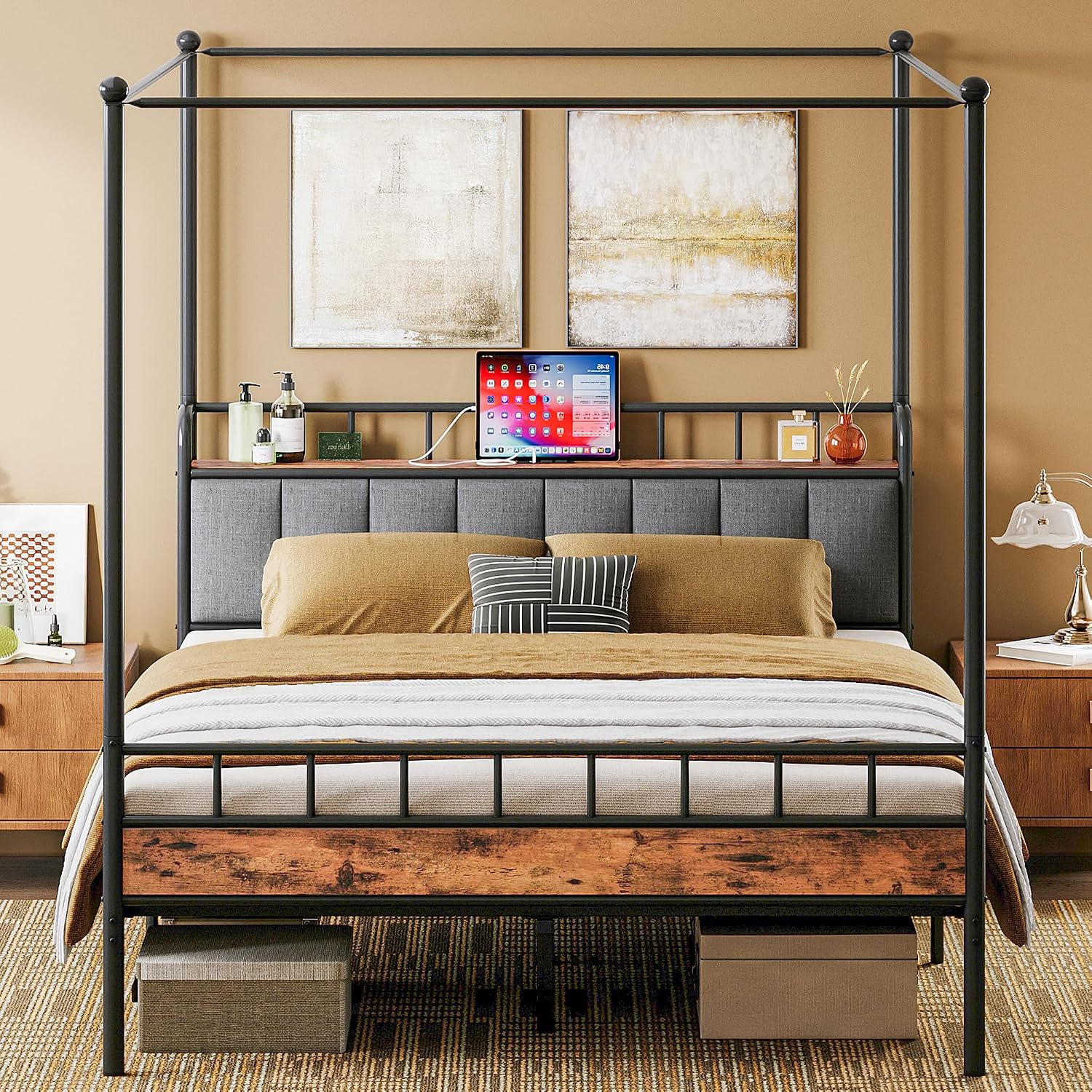 LIKIMIO Canopy Bed Frame Full, Storage Headboard with Charging Station, Platform Bed with 4 Removable Sturdy Posts, Noise Free, No Box Spring Needed, Vintage Brown