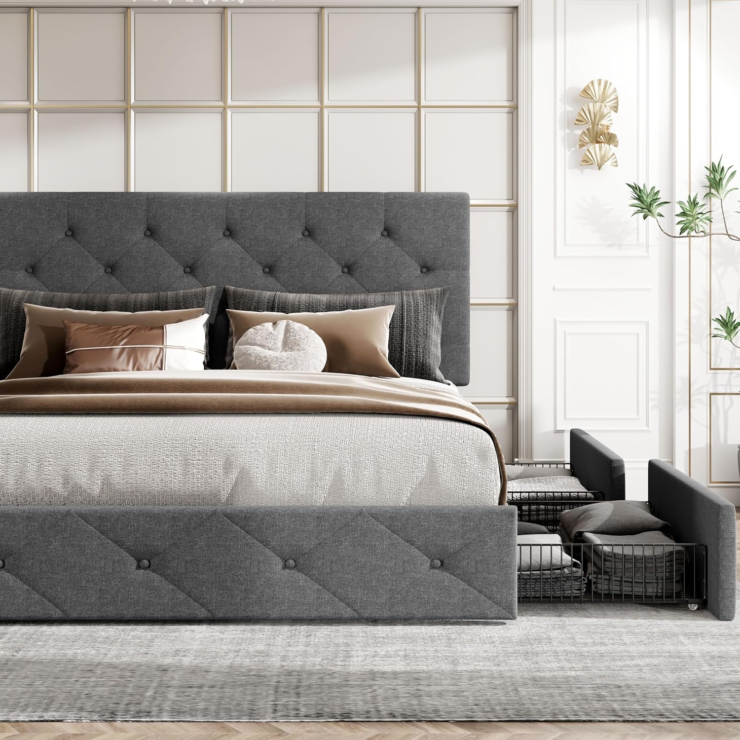HOOMIC Full Size Platform Storage Bed Frame with 4 Drawers & Adjustable Headboard, Wooden Slats, No Box Spring Needed,Diamond Stitched Button Tufted Design, Noise Free, Dark Grey