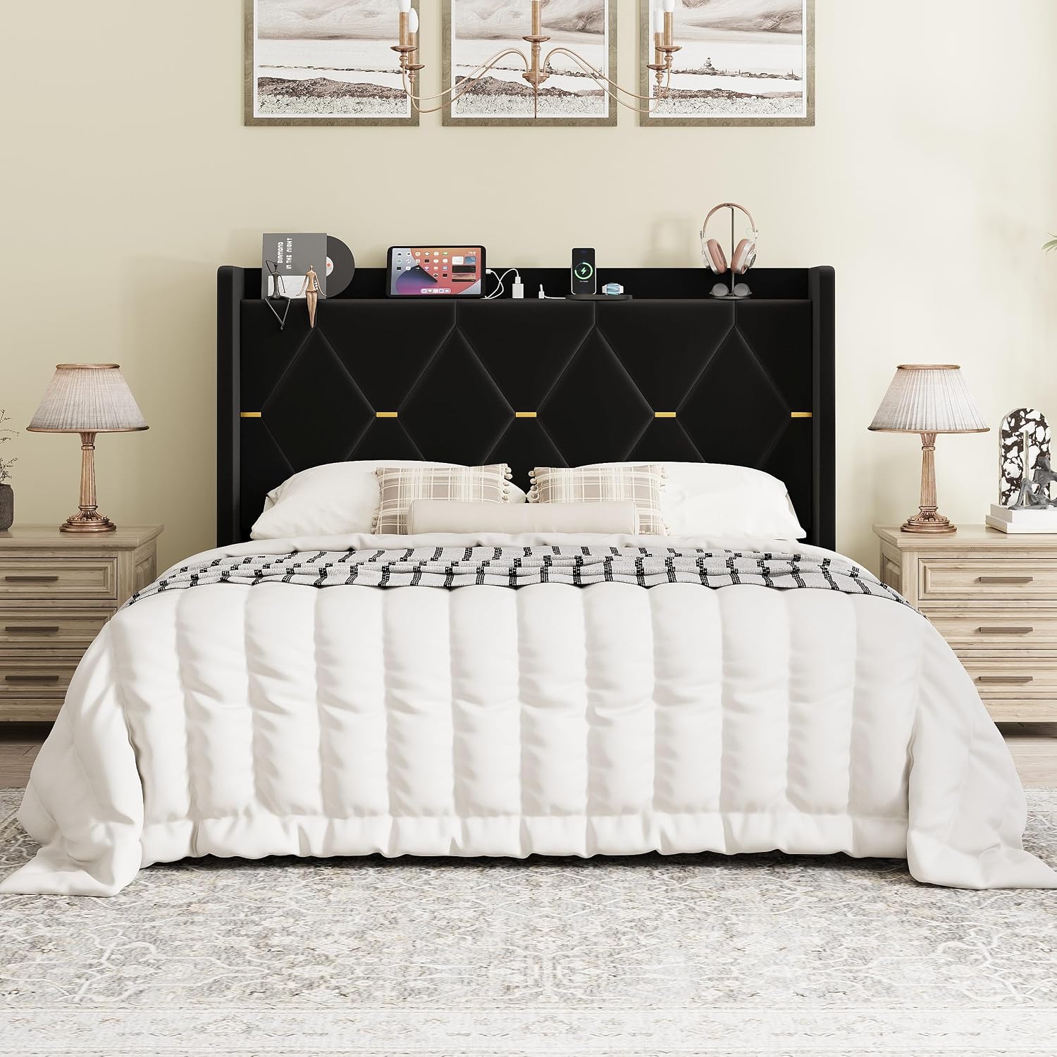 SHA CERLIN Full Size Velvet Upholstered Bed Frame with Charging Station, Modern Wingback Storage Headboard, Diamond Stitched & Gold Trim, No Box Spring Needed, Easy Assembly, Black