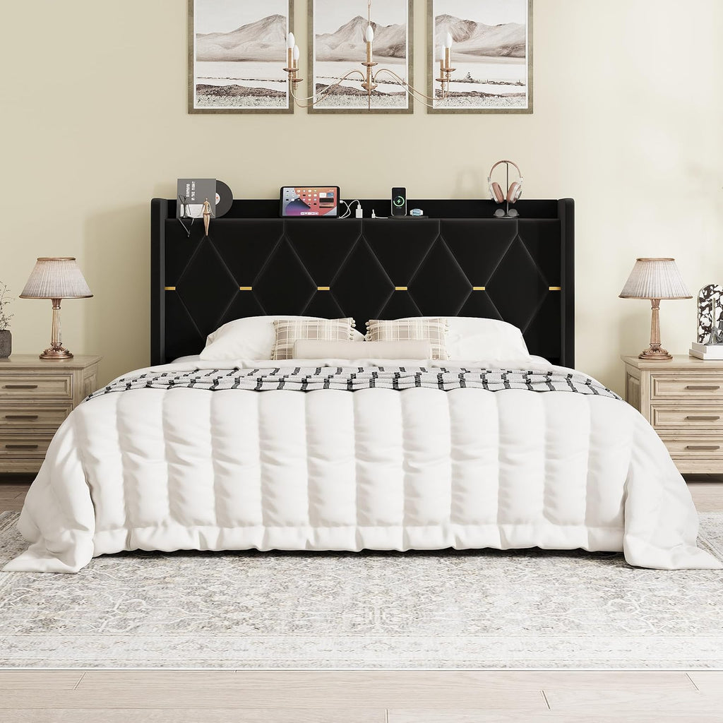 SHA CERLIN King Size Velvet Upholstered Bed Frame with Charging Station, Modern Wingback Storage Headboard, Diamond Stitched & Gold Trim, No Box Spring Needed, Easy Assembly, Black