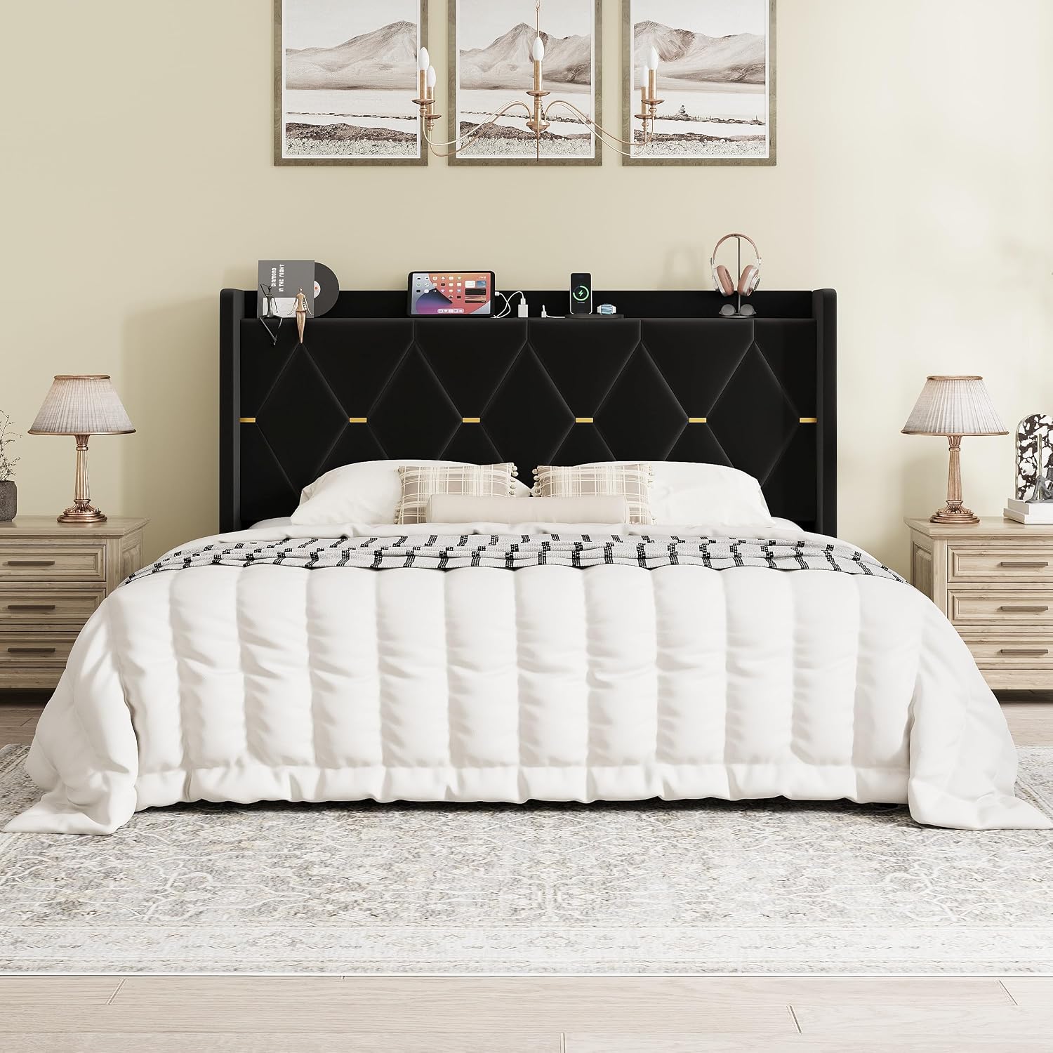 SHA CERLIN King Size Velvet Upholstered Bed Frame with Charging Station, Modern Wingback Storage Headboard, Diamond Stitched & Gold Trim, No Box Spring Needed, Easy Assembly, Black