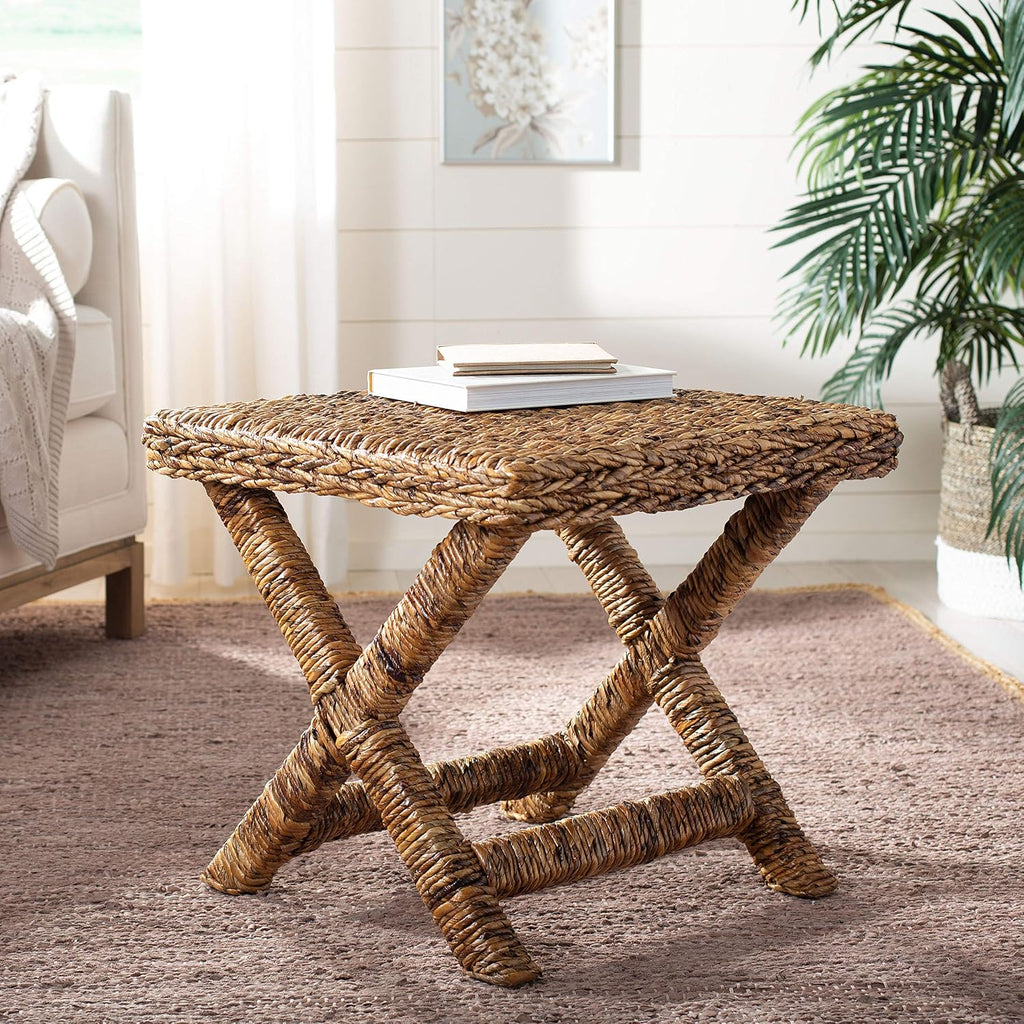 SAFAVIEH Furniture - Manor Natural Woven Rattan X Leg Bench Ottoman, Transitional Boho Accent Stool Seating, Fully Assembled, 22'W x 22'D x 19.5'H (FOX6529A)