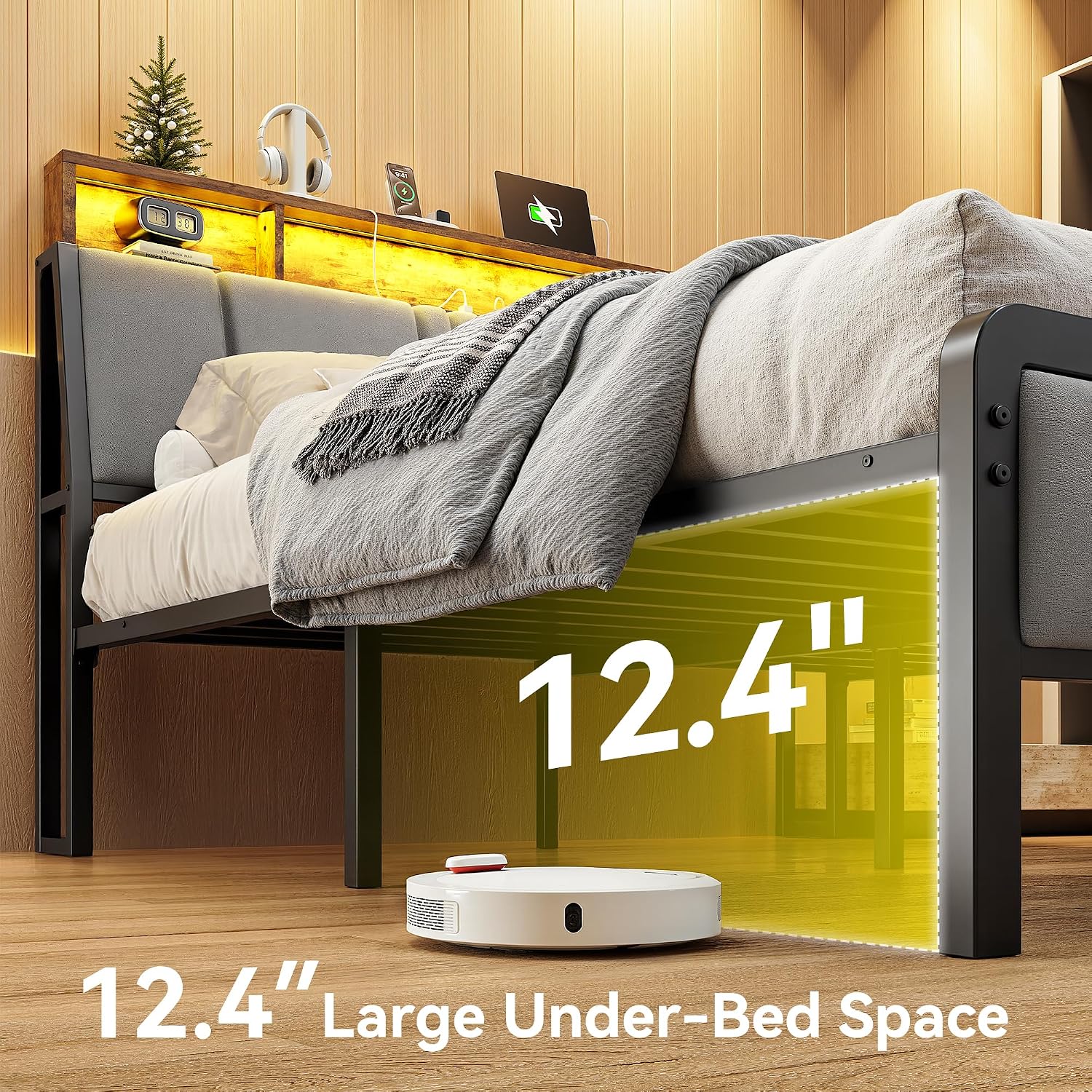 Susalt Twin Size Bed Frame with Storage Headboard and Charging Station, Ergonomic Platform Bed Frame with LED Lights, Strong Metal Slat Support, No Box Spring Needed, Noise Free, Grey
