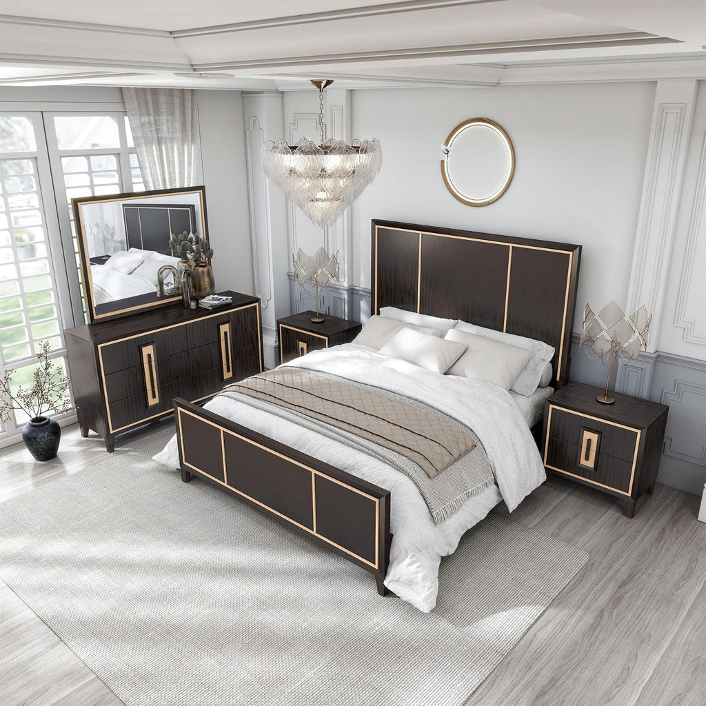 Furniture of America Samuel Modern Solid Wood 5-Piece Bedroom Collection Bed Frame, 2-Drawer Nightstands and 6-Drawer Dresser with Mirror, Box Spring Required, Espresso, King