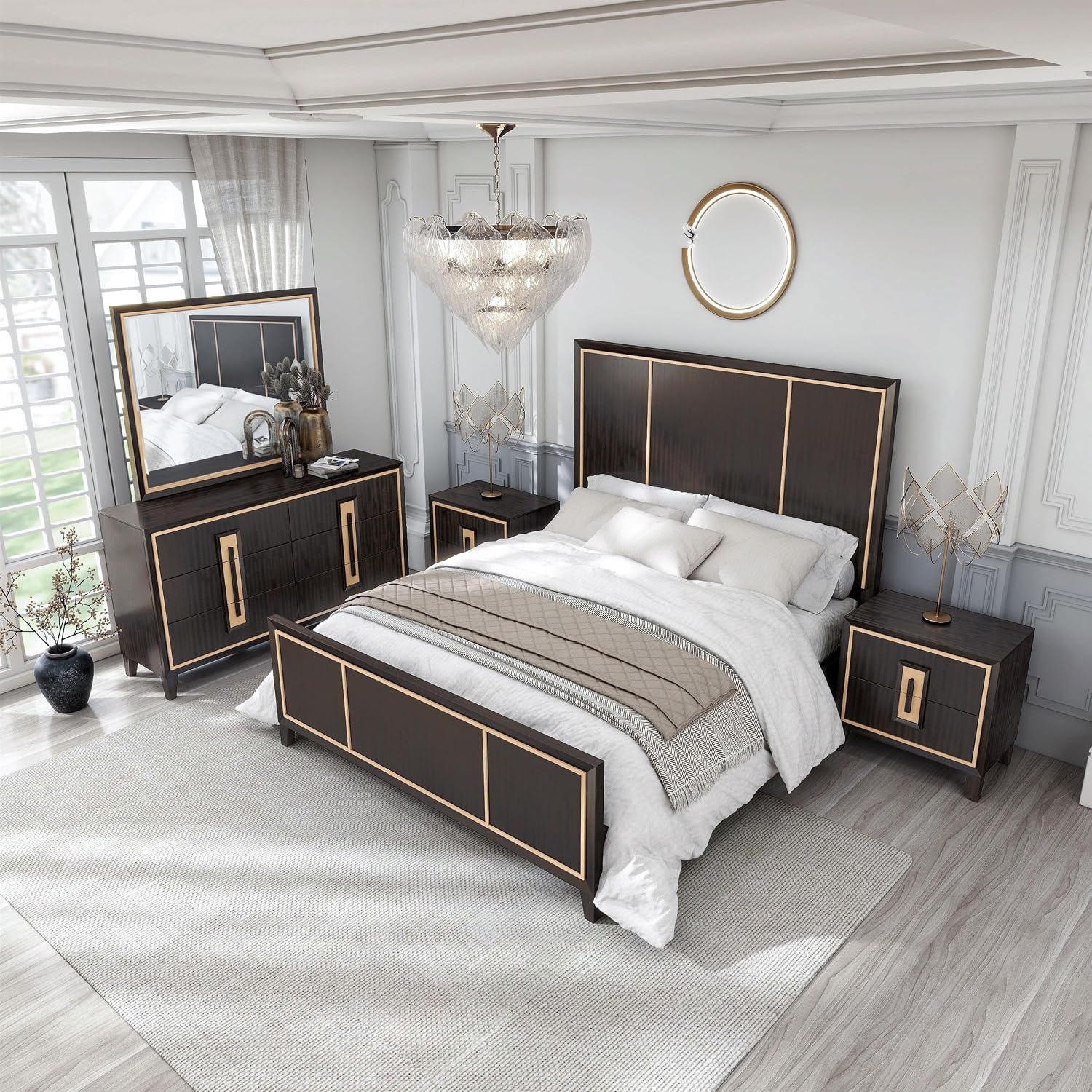 Furniture of America Samuel Modern Solid Wood 5-Piece Bedroom Collection Bed Frame, 2-Drawer Nightstands and 6-Drawer Dresser with Mirror, Box Spring Required, Espresso, King