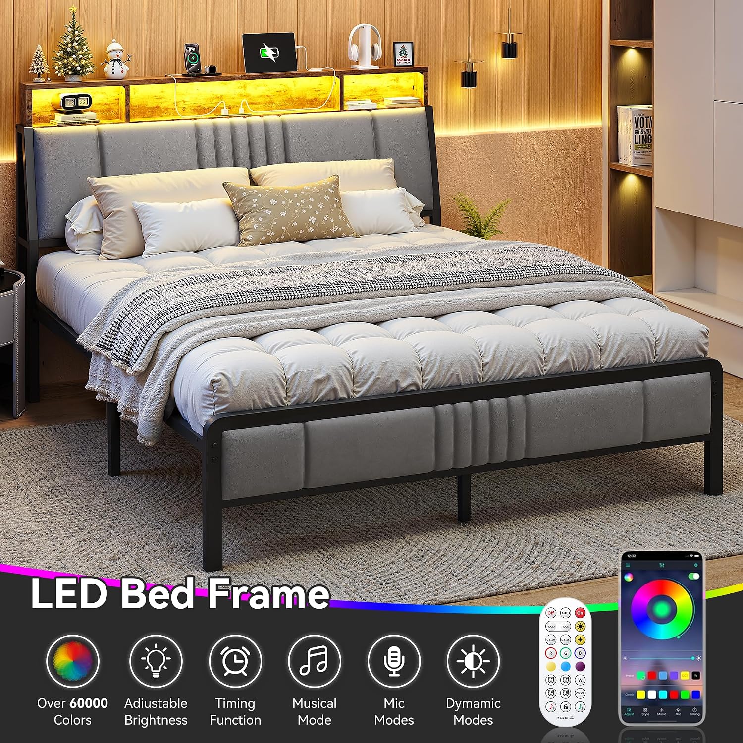 Susalt Twin Size Bed Frame with Storage Headboard and Charging Station, Ergonomic Platform Bed Frame with LED Lights, Strong Metal Slat Support, No Box Spring Needed, Noise Free, Grey