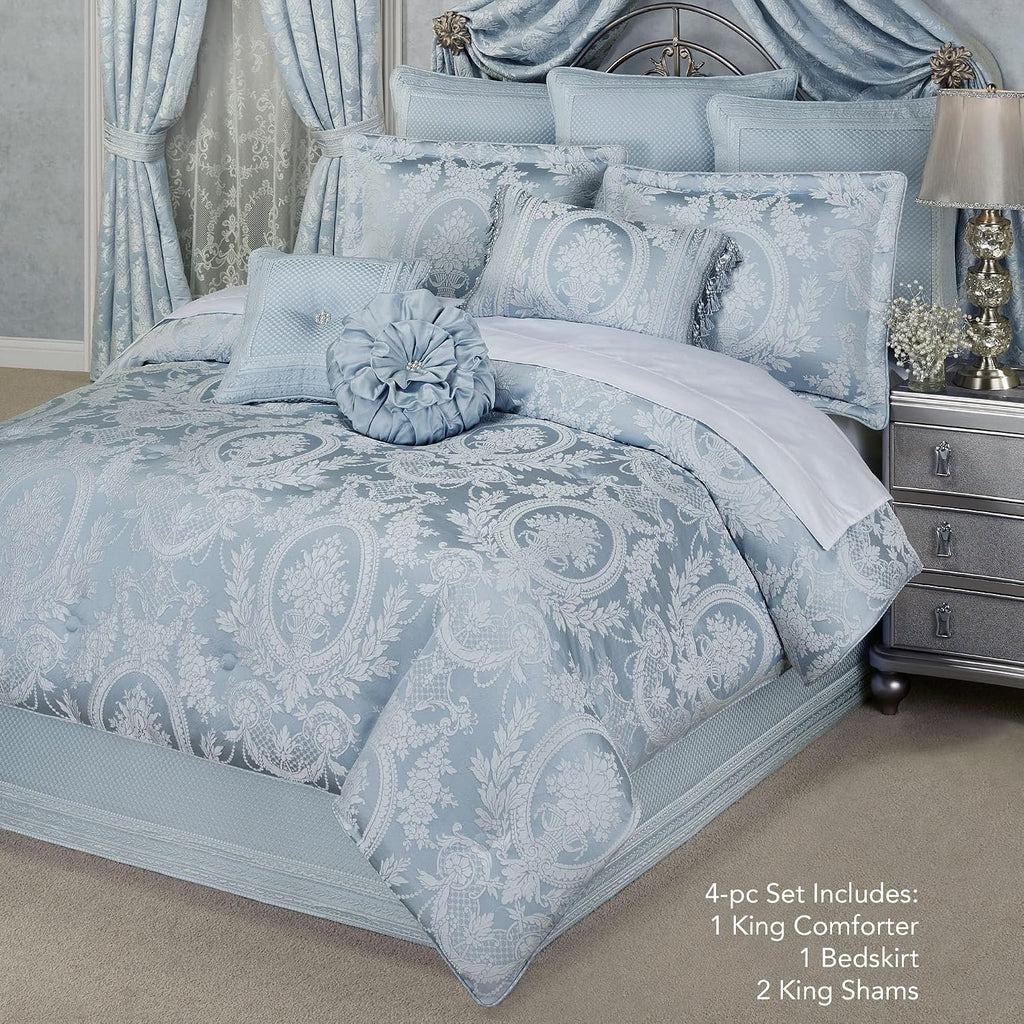 Contessa Luxury Bedding | Iced Platinum and Powder Blue | Puff Jacquard-Woven Traditional Floral Bouquet and Swag Motifs | 4 Piece Set includes Oversized King Comforter, Bedskirt, and 2 King Shams