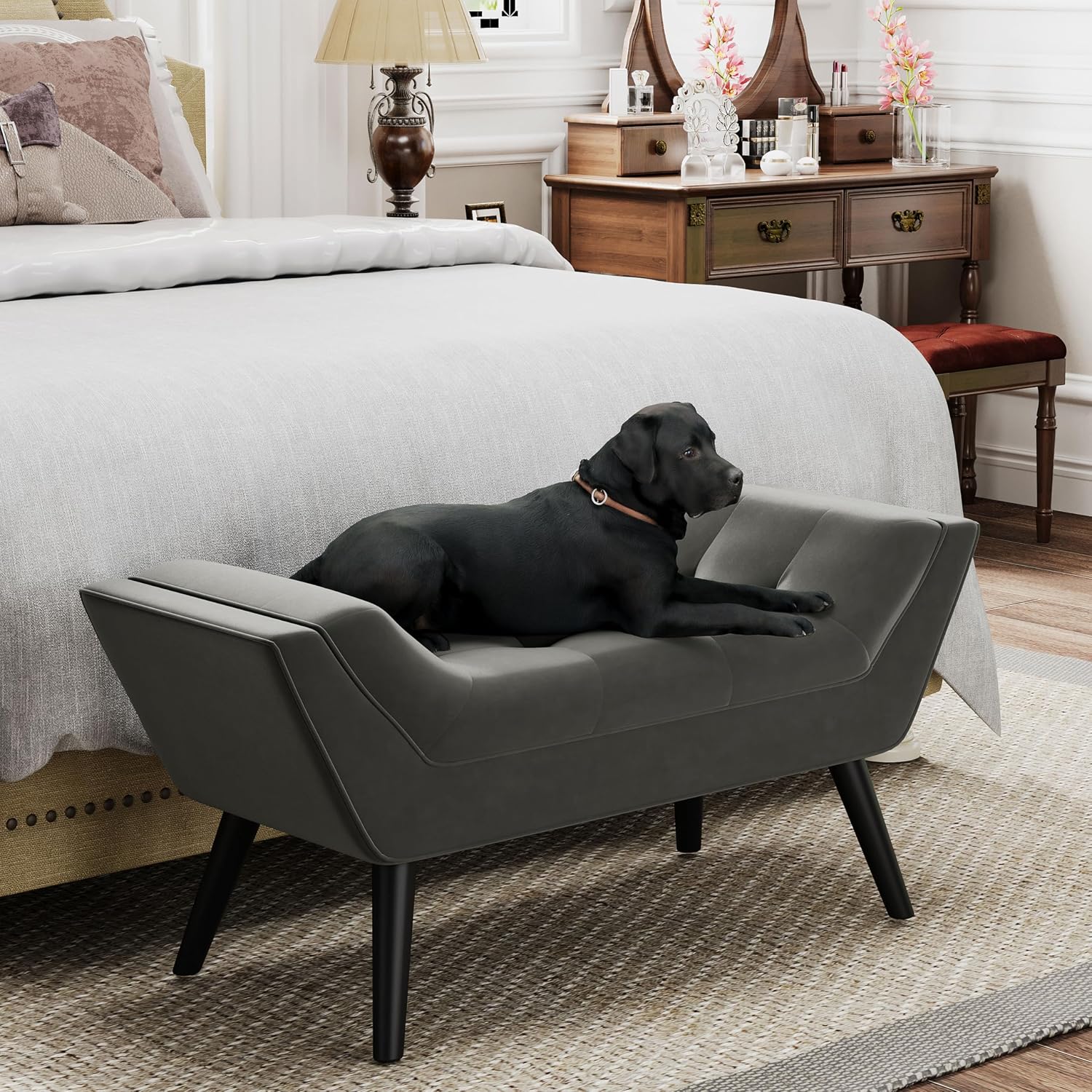 Andeworld Upholstered Tufted Small Cute Bench Ottoman for Entryway Foyer Bathroom Vanity Bedroom (One Seater, Dark Grey)