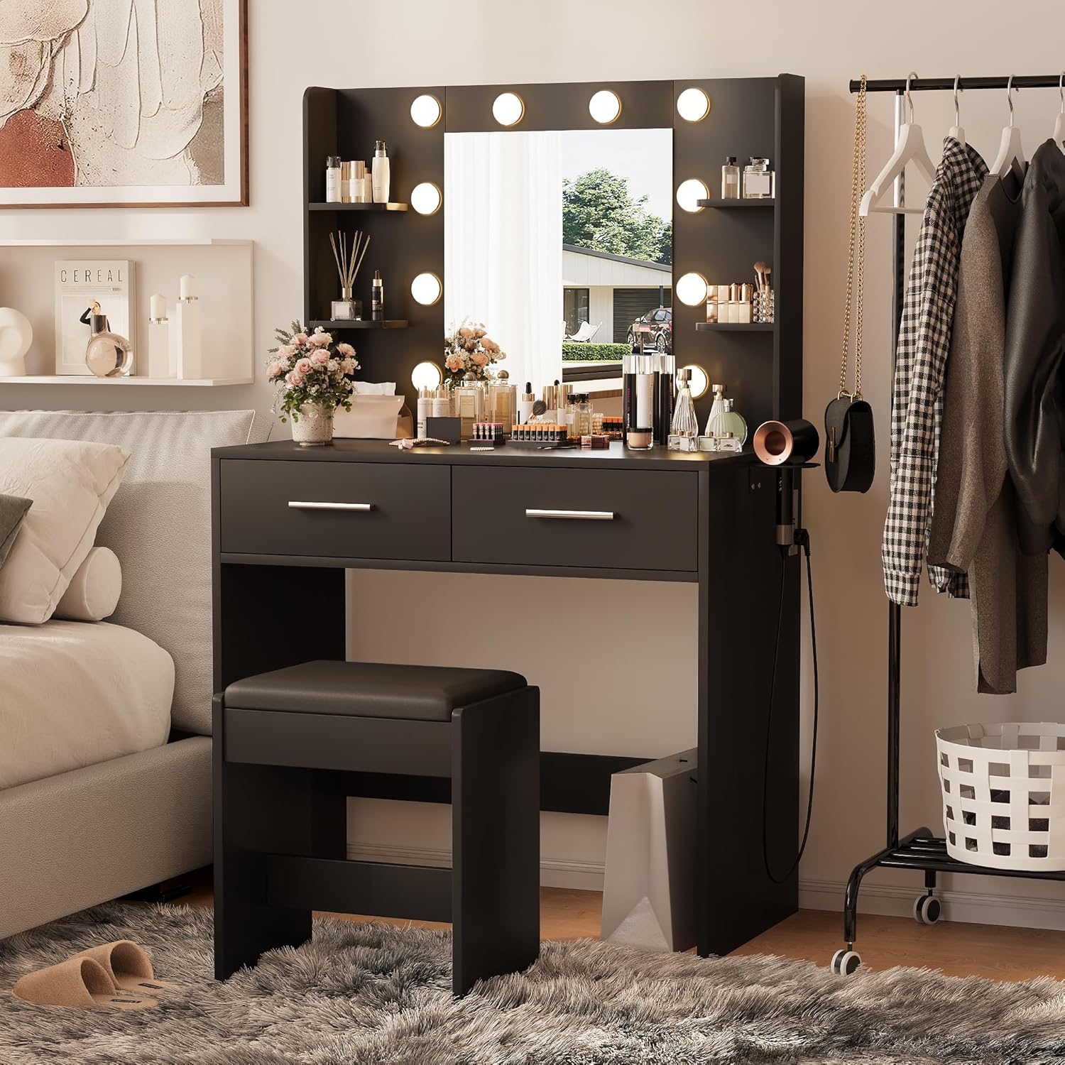 Furmax Make up Vanity Desk with Mirror and Power Outlet, Vanity with 3 Color Light Options Adjustable Brightness,Vanity Desk with 2 Drawers, 6 Storage Shelves (Black, with Bench)