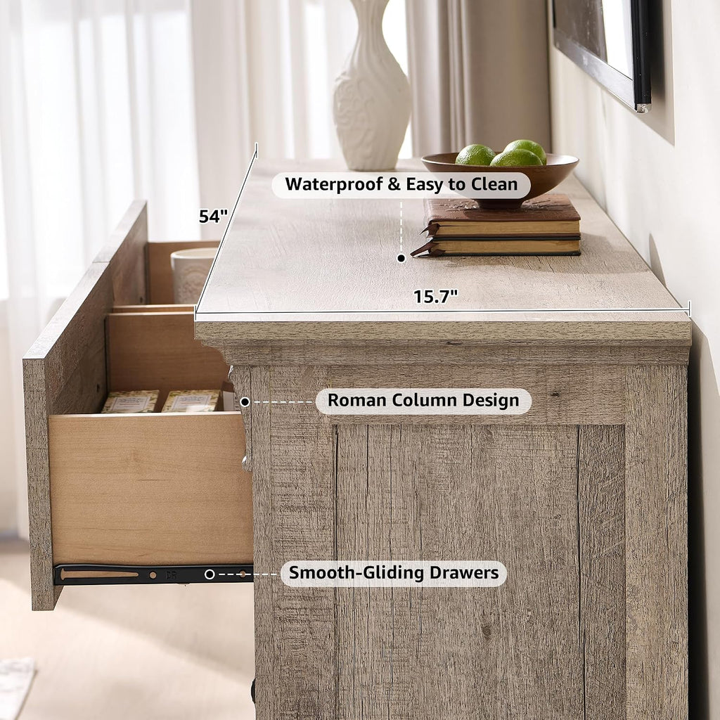 Farmhouse 6 Drawers Dresser for Bedroom, 54' Wide Large Dressers & Chests of Drawers w/Roman Column, Wooden Dresser TV Stand with Large Drawers for Nursery Bedroom Living Room Hallway,Light Rustic Oak