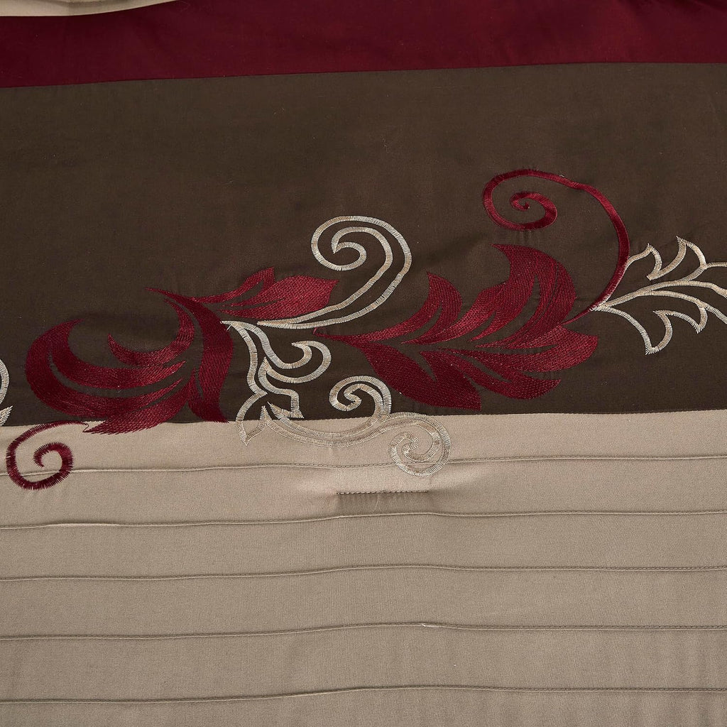 Chezmoi Collection Napa 7-Piece Luxury Leaves Scroll Embroidery Bedding Comforter Set (Oversized King, Burgundy/Taupe/Brown)