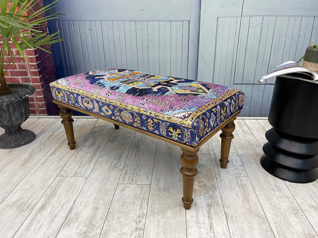 Generic Handmade Oriental Rug Bench, Pink, Wood, Cotton Fabric, Sponge