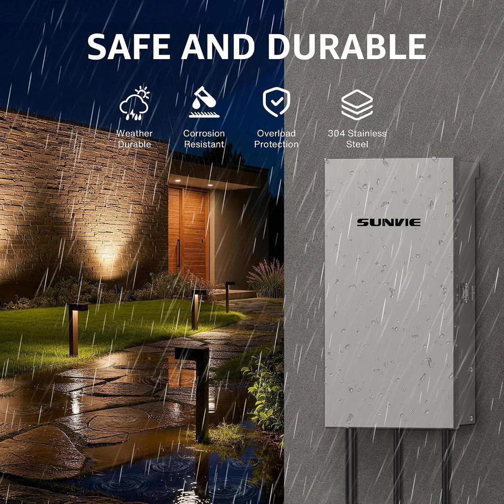SUNVIE 300W Low Voltage Landscape Transformer 3 Zones Landscape Lighting Transformer with Timer & Photocell Sensor Waterproof Low Voltage Transformer 120V to 12V/14V AC for Outdoor Garden Path Lights