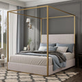 Modern Luxury 4-Poster Canopy Platform Bed Queen Size with Velvet Upholstered Tall Headboard, Metal Canopied Design Platform Bed Frame with Strong Slats Support (Beige+Gold)