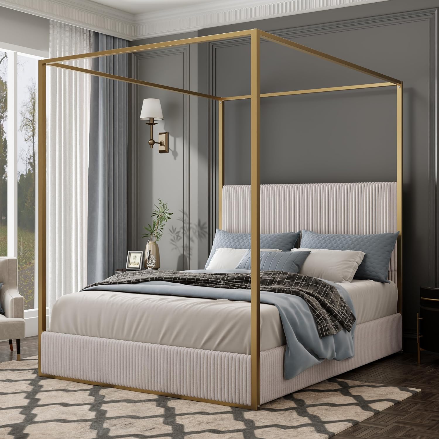 Modern Luxury 4-Poster Canopy Platform Bed King Size with Velvet Upholstered Tall Headboard, Metal Canopied Design Platform Bed Frame with Strong Slats Support (Beige+Gold-King)