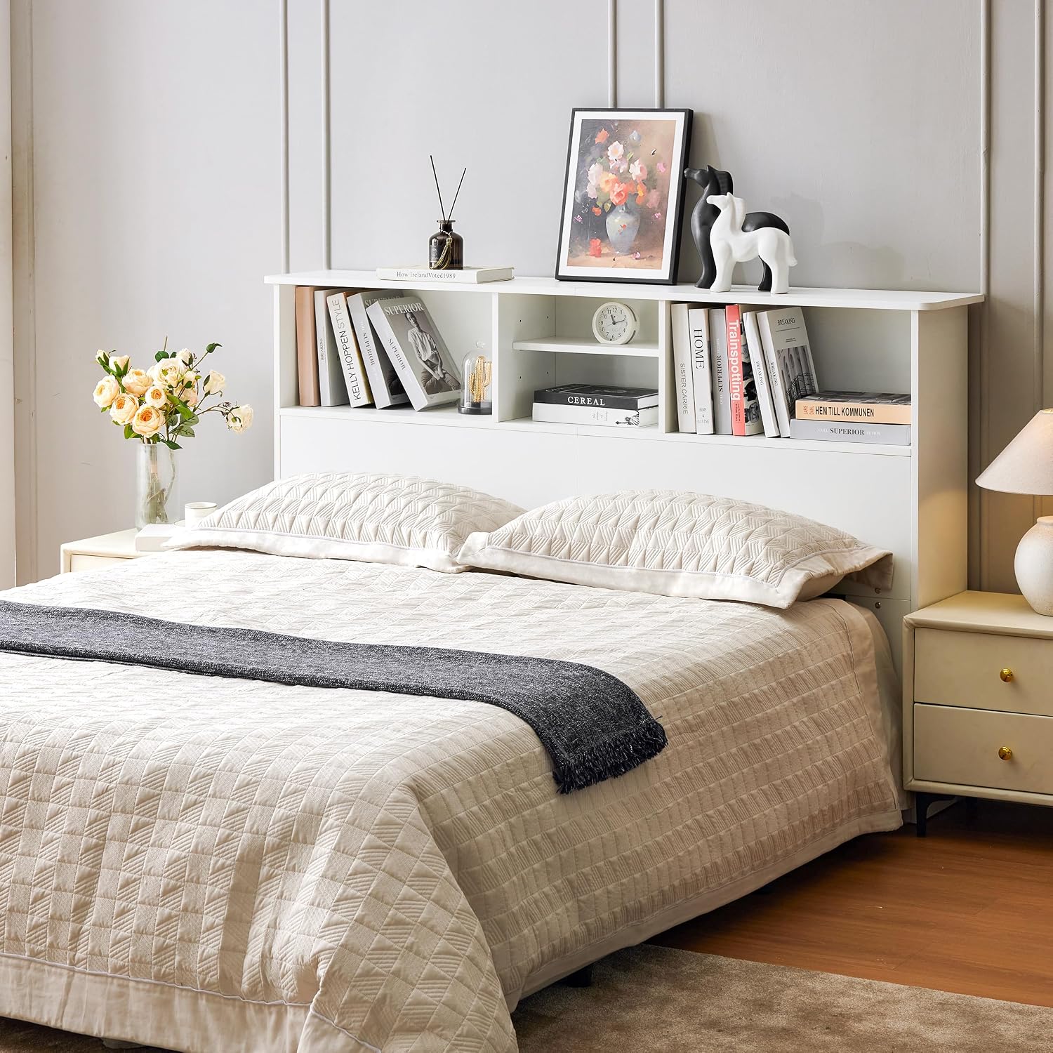 Howjoe Bookcase Headboard Queen Size, Sturdy and Durable Wood Headboards with 4 Compartments, Full/Queen Headboard with Storage, Free Standing Headboards with Adujstable Bookshelf, White