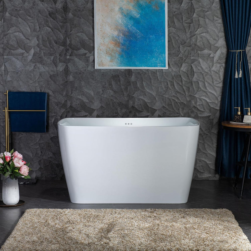 WOODBRIDGE 48' Acrylic Freestanding Rectangular Air Bath Bathtub with Pre-molded Seat and Brushed Nickel Pop-Up Drain and Overflow Option, White, B0170-B