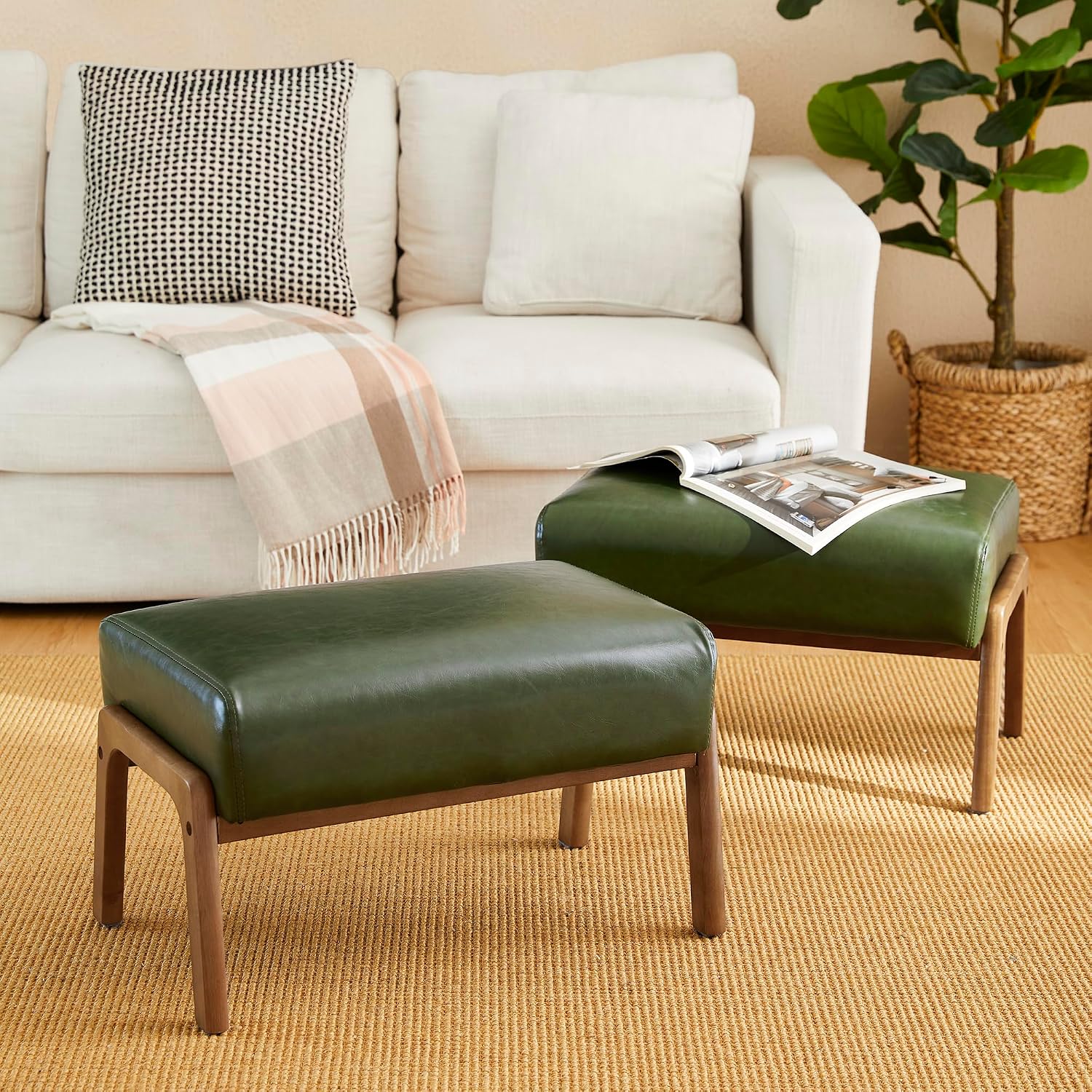 Glitzhome Foot Stool Ottoman Set of 2, Modern Leatherette Sofa Stool Vanity Chair with Rubber Wood Frame, Footrest Ottoman Bench for Living Room, Entryway, Hunter Green