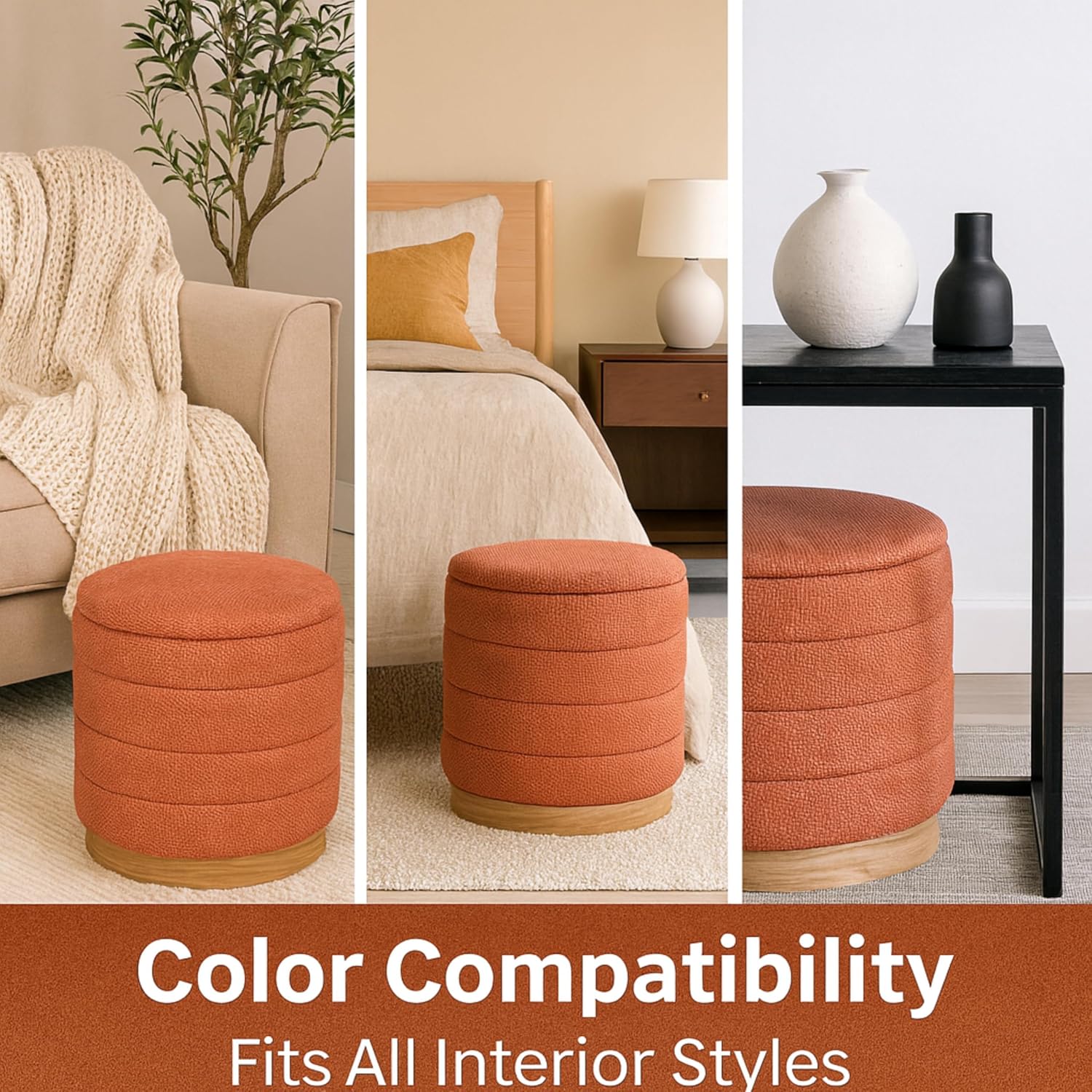 Round Ottoman with Storage – Elegant Durable Linen Upholstered Footrest Bench for Living Room, Cylinder Vanity Stool – Coral Orange