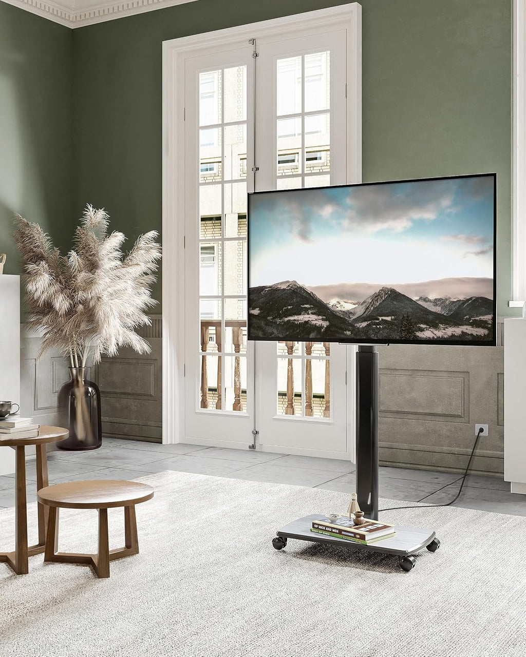 FITUEYES Rolling TV Stand with Power Outlets, Swivel Portable TV Stand for 32-70 Inch LCD LED OLED Flat/Curved Panel Screen TVs, Height Adjustable&Wood Base, Mobile TV cart Holds up to 88Lbs, Black