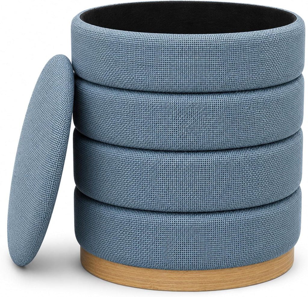 Ottoman Collection Stylish Linen Cylinder Storage Light Blue Round Footrest Vanity Stool Furniture Living Room Small Bench 16' L X16 W X 17' H