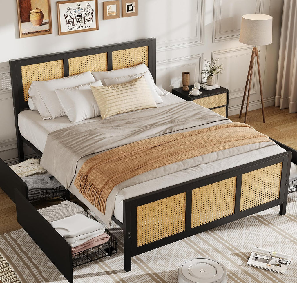 GarveeHome Black Rattan Bed Frame with Headboard, Boho Cane Platform Full Size Bed Frame with 4 Drawers, Strong Metal Slats Support, Noise Free, No Box Spring Needed