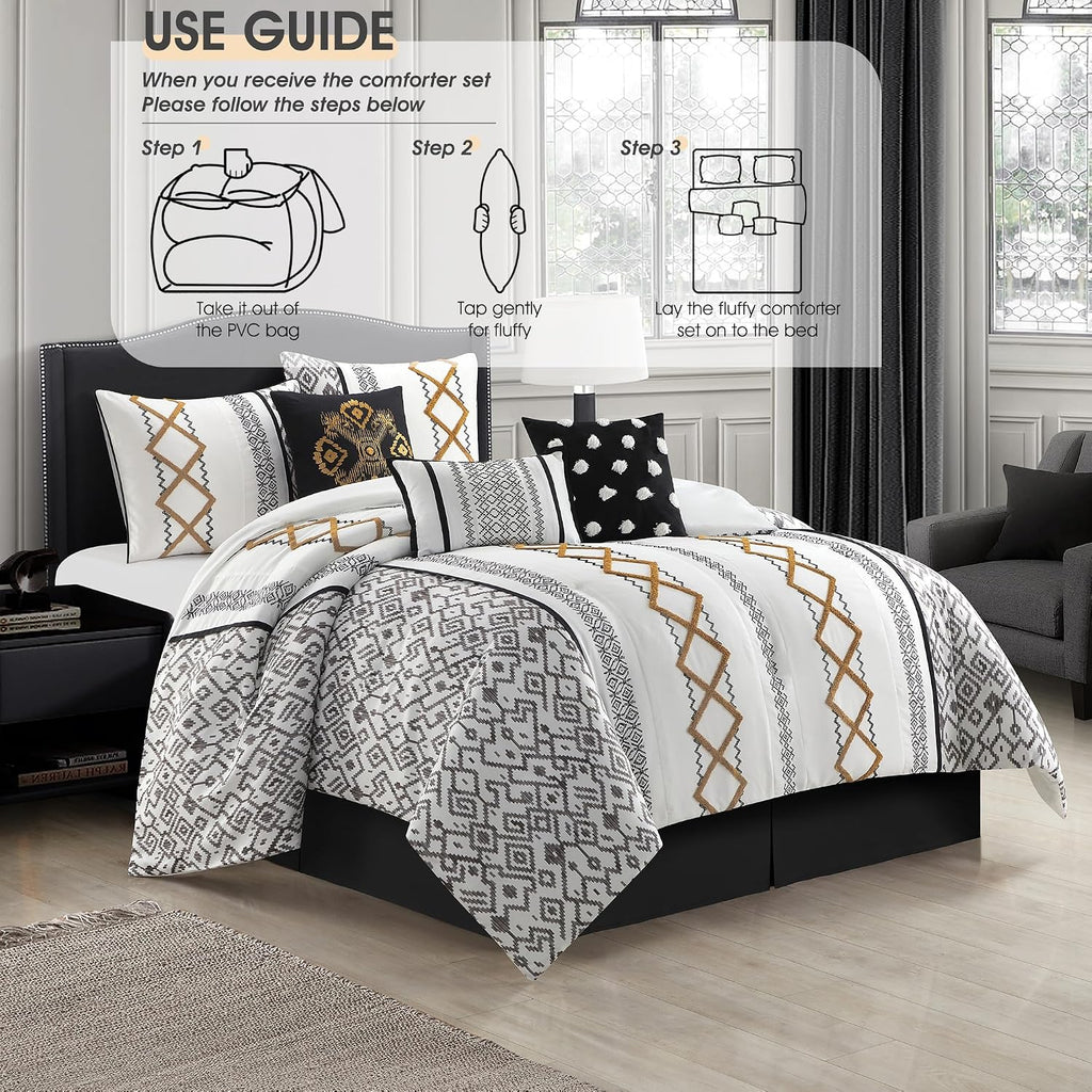 LANCO MODERN LIFESTYLE Black Gold California King Comforter Set, 7 Pieces All Season Bedding Sets in a Bag with Geometric Terry Embroidered Comforter, Bed Skirt, Pillow Shams and Decorative Pillows