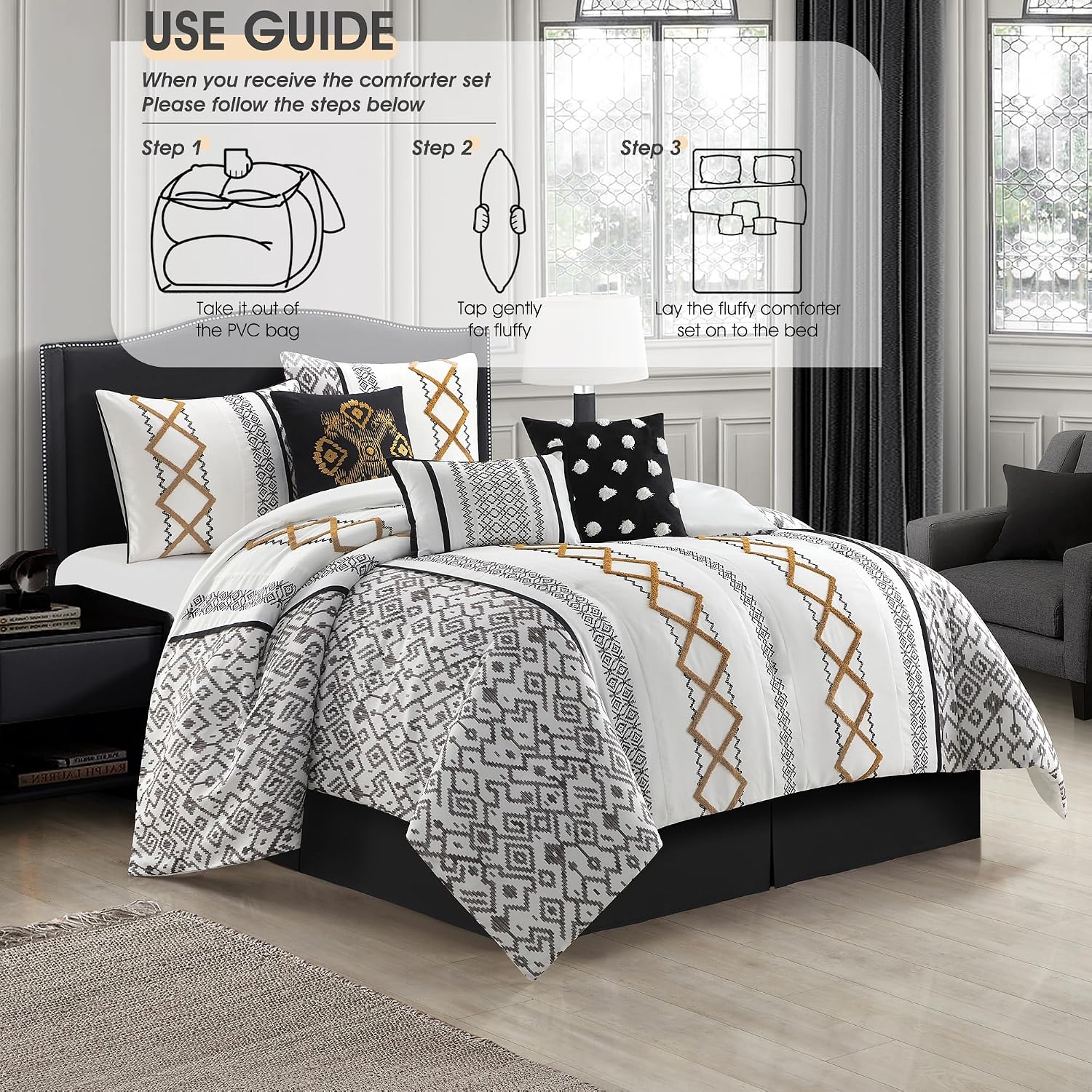 LANCO MODERN LIFESTYLE Black Gold California King Comforter Set, 7 Pieces All Season Bedding Sets in a Bag with Geometric Terry Embroidered Comforter, Bed Skirt, Pillow Shams and Decorative Pillows