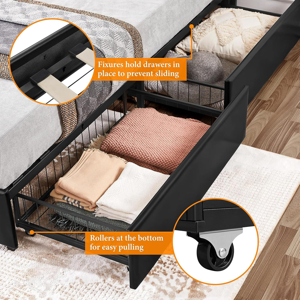 Yaheetech Upholstered Bed Frame with 4 Storage Drawers and Adjustable Headboard, Faux Leather Platform Bed Frame with Mattress Foundation, Strong Wooden Slats Support, No Box Spring Needed, Black-Full