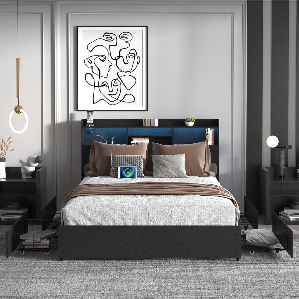 Ball & Cast Queen Bed Frame with 4 Storage Drawers,Metal Platform Beds Frame W/Storage Headboard,Led and Charging Station,No Box Spring Needed,Noise-Free,Bedroom Furniture for Apartment,Black