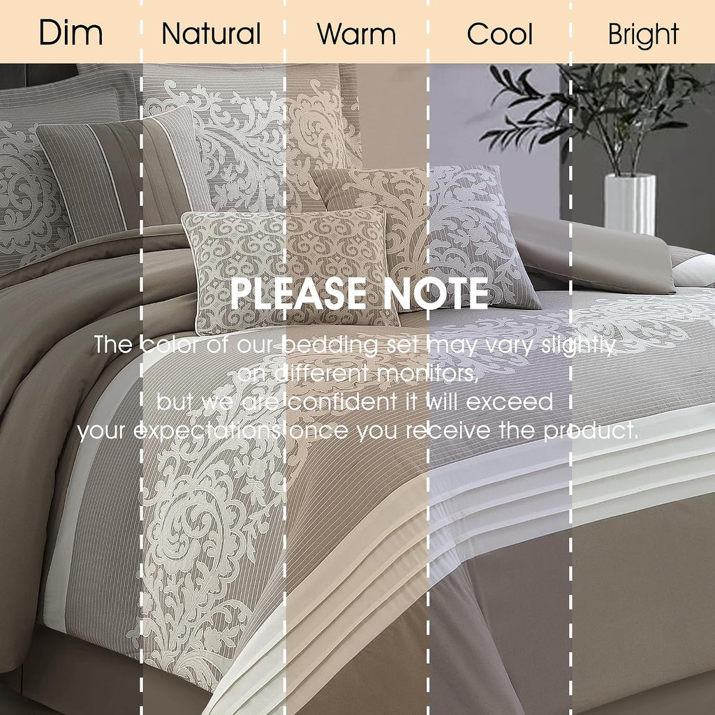 LANCO MODERN LIFESTYLE Taupe Comforter Set, Queen, Damask Jacquard with Matching Solid Piece Work, 7 Piece Soft Bedding Set for All Season, Bed Skirt, Pillow Shams and Decorative Pillows