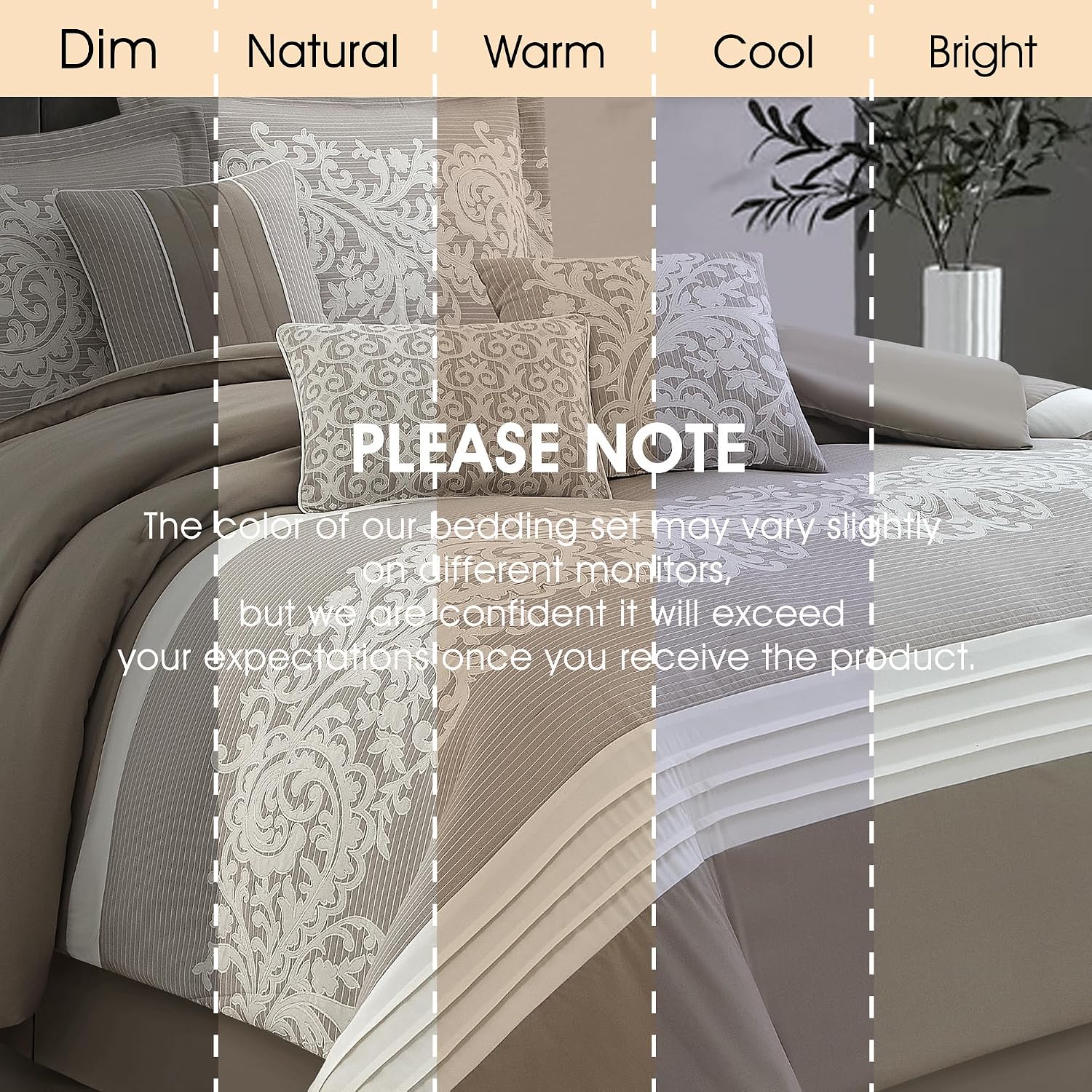 LANCO MODERN LIFESTYLE Taupe Comforter Set, Queen, Damask Jacquard with Matching Solid Piece Work, 7 Piece Soft Bedding Set for All Season, Bed Skirt, Pillow Shams and Decorative Pillows