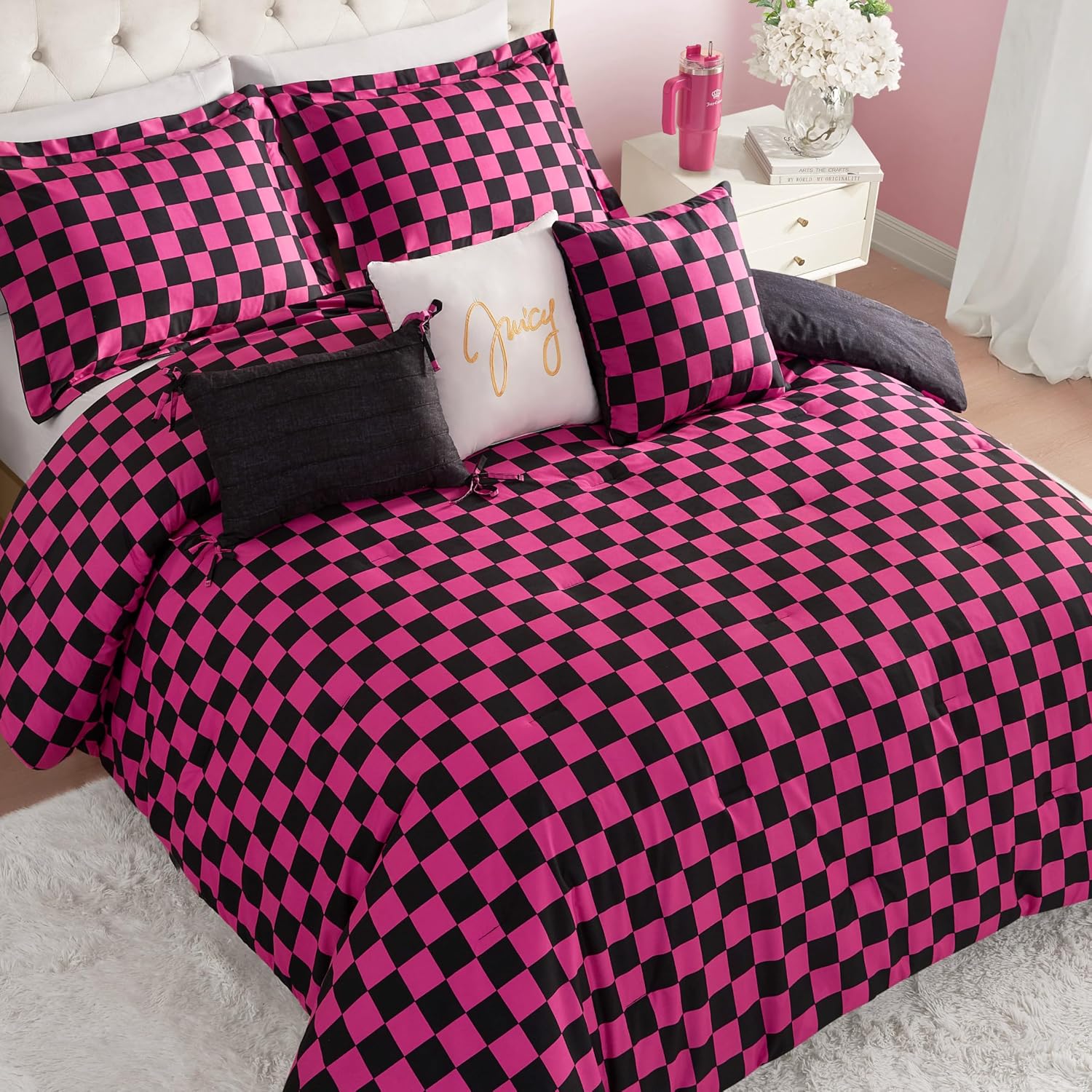 Juicy Couture Reversible Checkerboard Comforter Set 6-Piece King Set, Black/Hot Pink