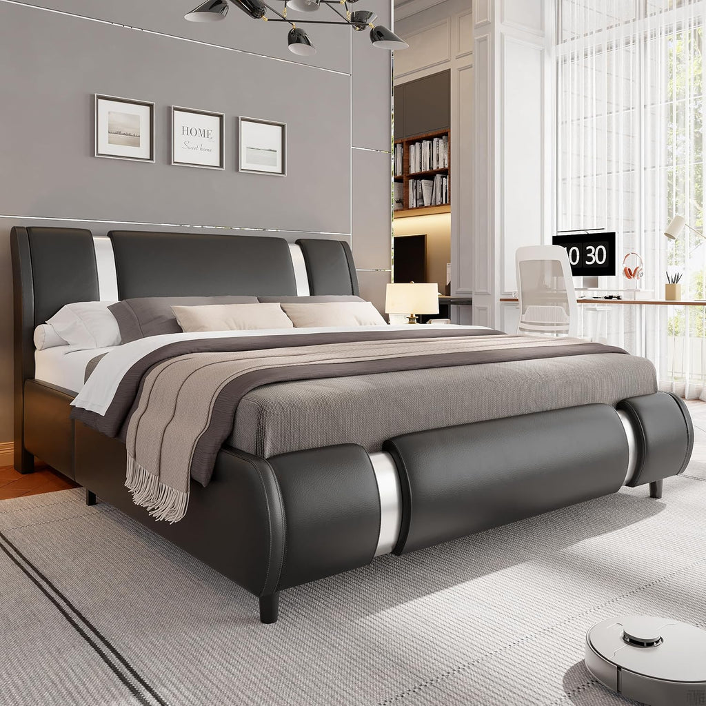 Keyluv Modern Faux Leather Upholstered Platform Bed Frame with Metal Decoration Headboard, Wooden Slats Support, No Box Spring Needed, Queen Size, Black