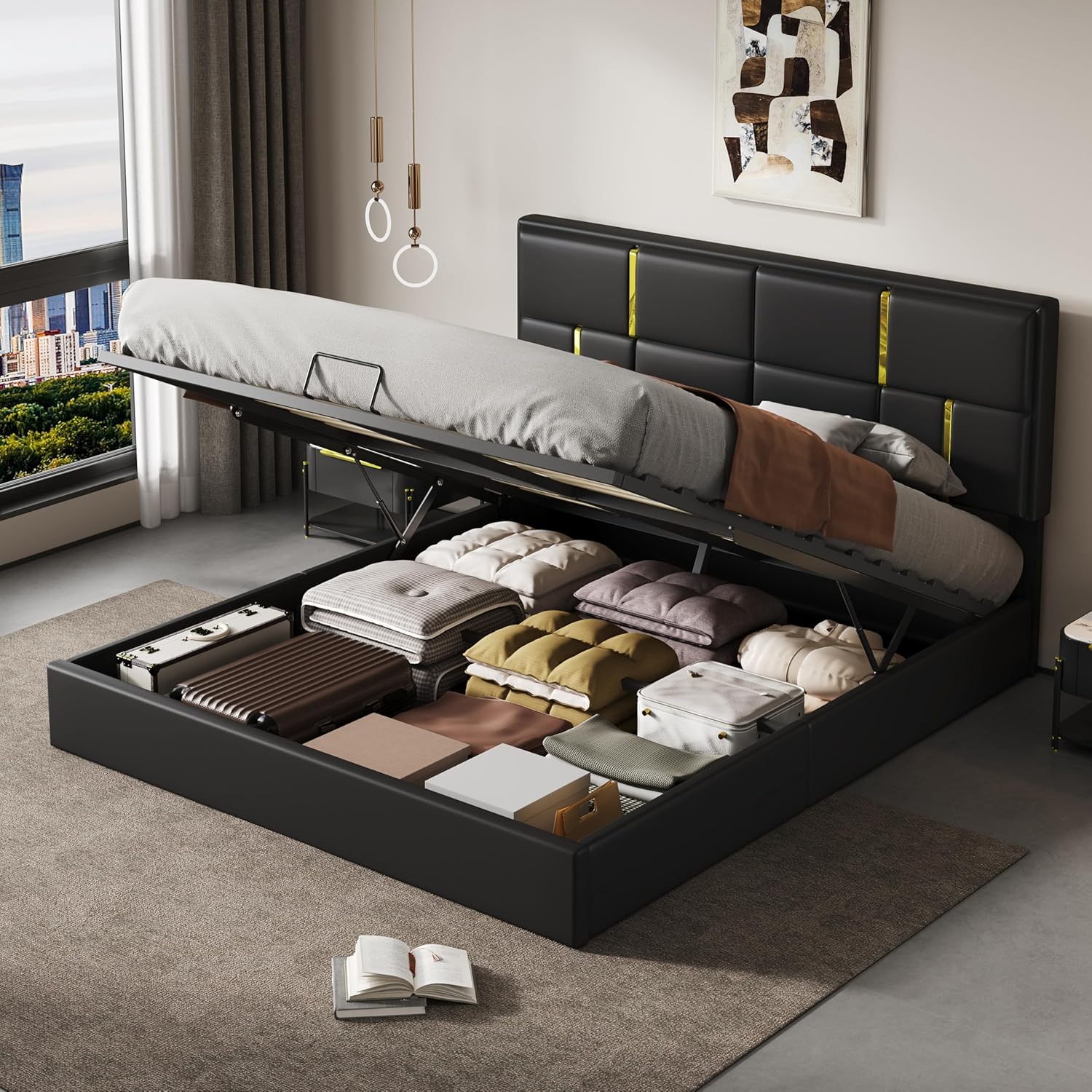 Ball & Cast Queen Size Lift Up Storage Bed,Upholstered Platform Bed with Gold Decor Headboard and Hydraulic Storage System,No Box Spring Needed,Bedroom Furniture for Apartment,Black