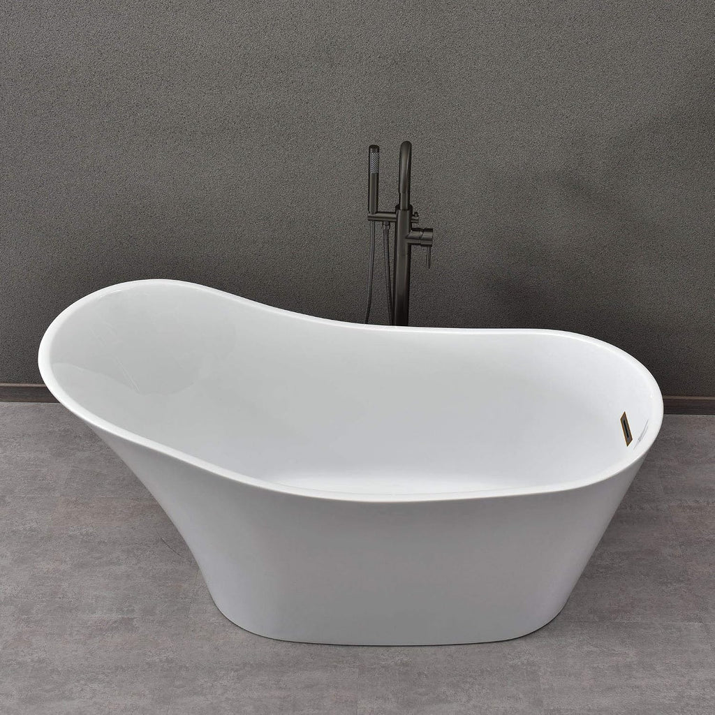 WOODBRIDGE 59' Acrylic Freestanding Bathtub Contemporary Soaking White Tub with Oil Rubbed Bronze Overflow and Drain，B0029-ORB-Drain&O
