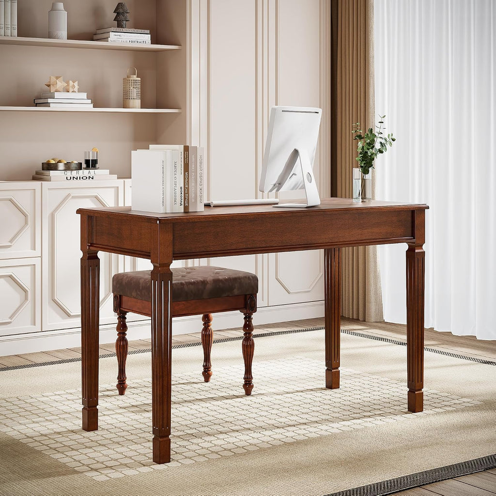 Solid Wood Makeup Vanity Table Set, 46.1' Large Dressing Vanity Table with 2 Drawers and Vanity Bench Stool Writing Desk with Solid Wood Legs & Button Tufted Cushioned Stool, Cherry&Brown