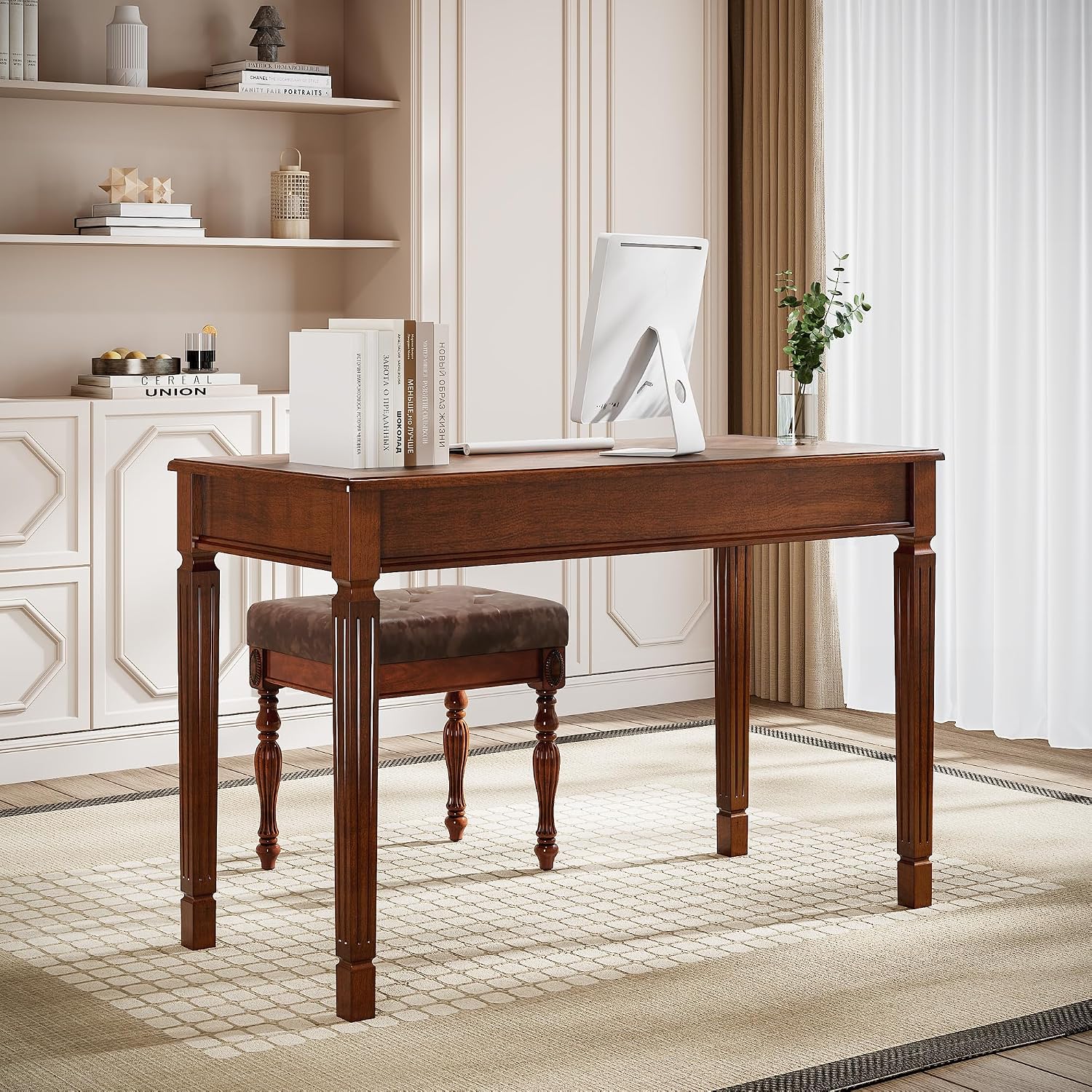 Solid Wood Makeup Vanity Table Set, 46.1' Large Dressing Vanity Table with 2 Drawers and Vanity Bench Stool Writing Desk with Solid Wood Legs & Button Tufted Cushioned Stool, Cherry&Brown